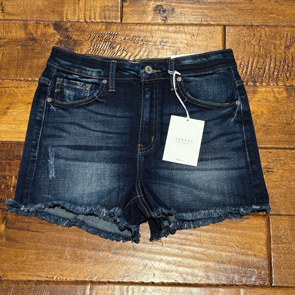 Kancan Women's Dark Wash Frayed Hem Denim Shorts - Blue